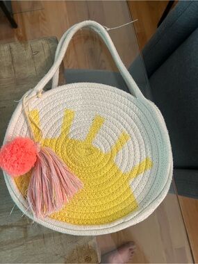 Meri Meri  Woven Round Tote in Soft Cream with Coral Logo purse